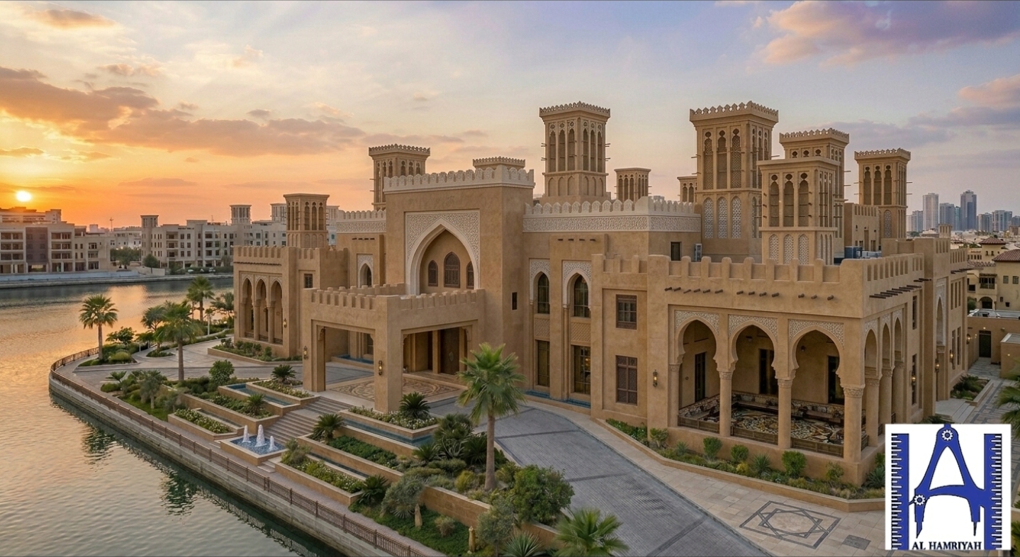 Fortress-style palace on waterfront at sunset – Al Hamriyah Engineering Consultancy UAE